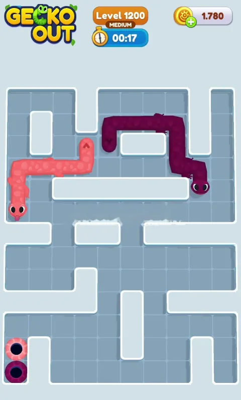 Почти пустое поле 1200 уровня Gecko Out: остались два геккона и две норы у нижнего края, таймер показывает 00:17